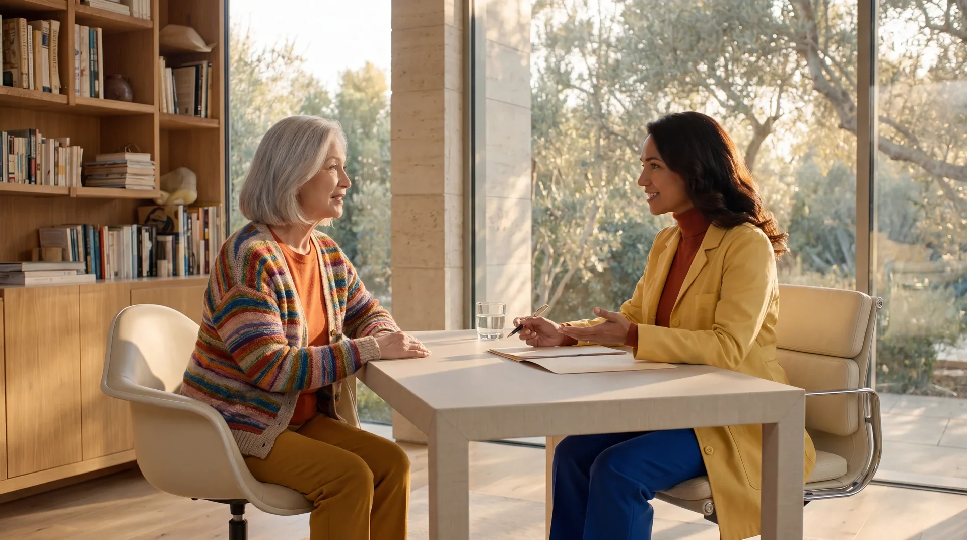 Two people sitting across a table in a sunlit Mindspan clinic, mid-conversation with olive trees outside.